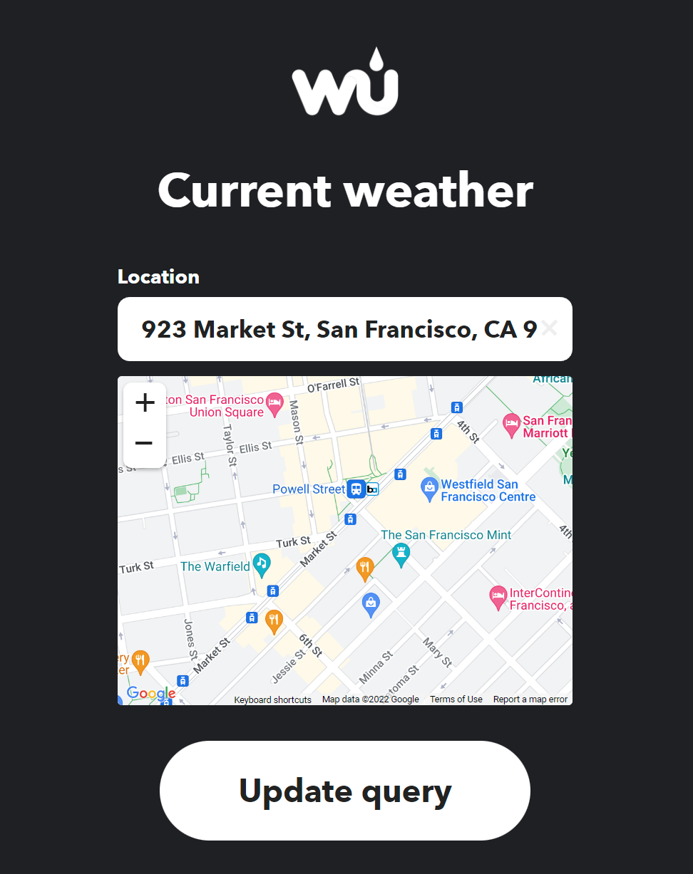 Updating the location for the Weather Underground - Current weather query on IFTTT.com (Image)