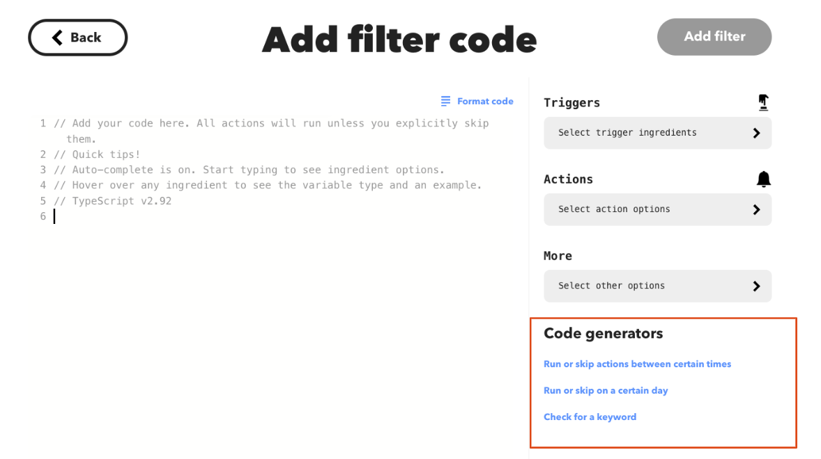 Filter code generators – IFTTT Help Center