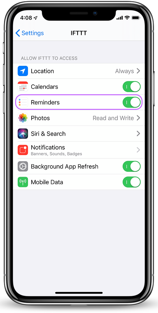 IFTTT permissions screenshot on iOS