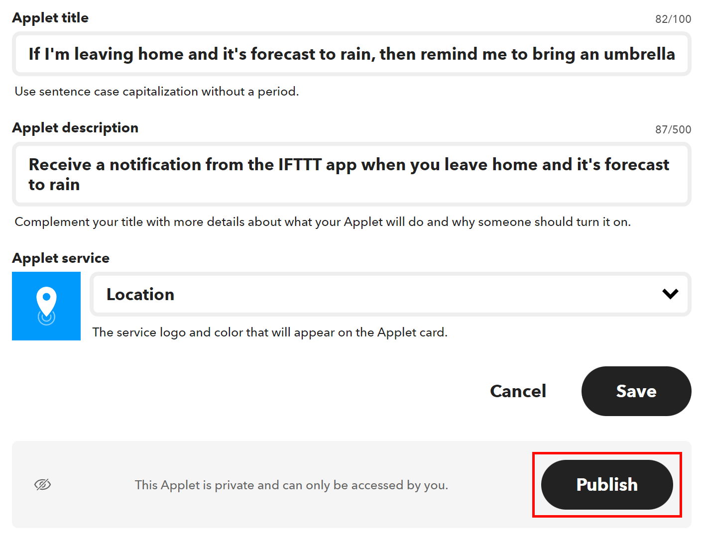 Applet title, description, and service editor, with a highlighted Publish button (Image)